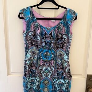 New York & Company Sleeveless Paisley Sheath Dress in Blue & Pink